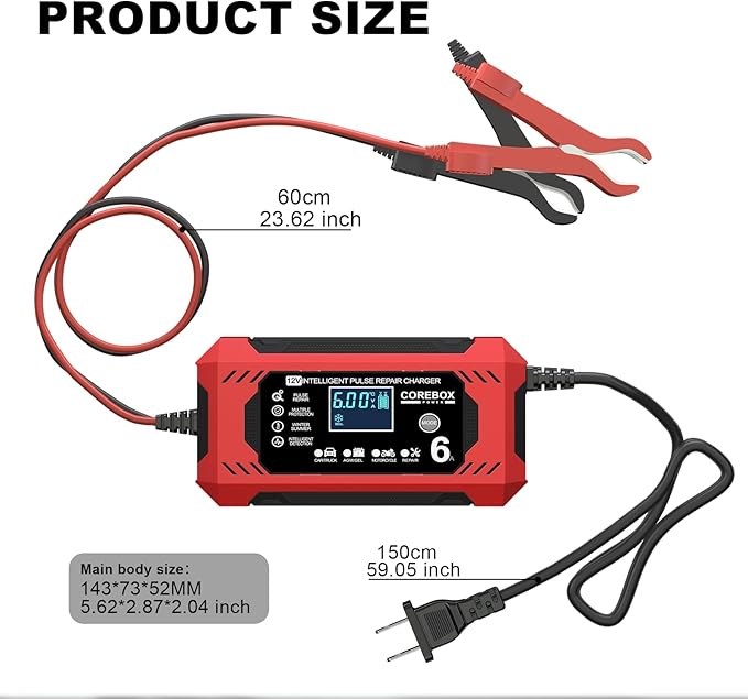 Corebox Battery Charger 6-Amp 12V Automatic Smart Battery Trickle Charger, Battery Maintainer Desulfator with Temperature Compensation for Car Truck Motorcycle Lawn Mower Marine