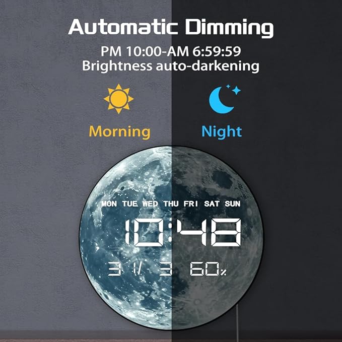 Timethink 12'' Full Moon Digital Wall Clock with LED Display, Lunar Moonlight LED Electric Wall Clock Calendar & Temperature, Automatic Dimming, 12/24hr Format, Wall & Desk Use for Bedroom Living Room