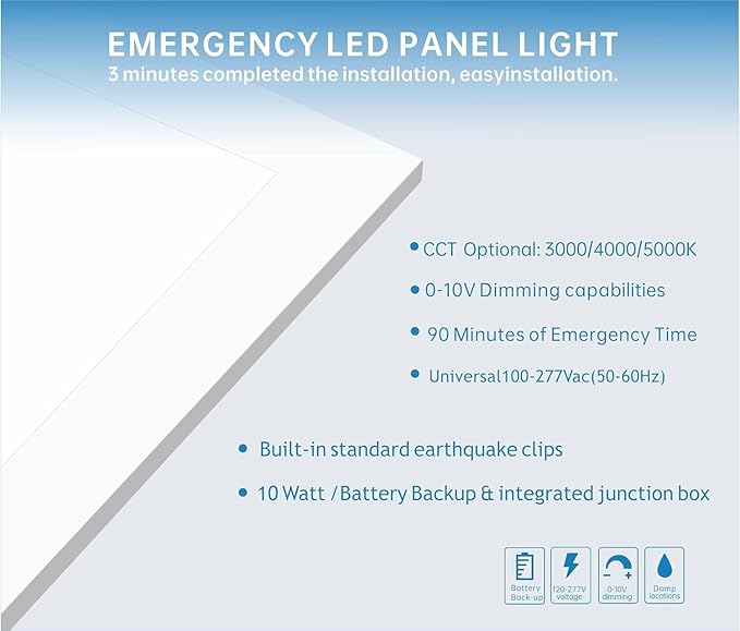 2X2 LED Flat Panel Light Emergency Battery Backup, 40W-3000K/4000K/5000K, 0-10V Dimmable, 4390 Lumens, LED Drop Ceiling Light, 100-277V, DLC and UL Listed, Ultra Thin Back-Lit (20 Pack)
