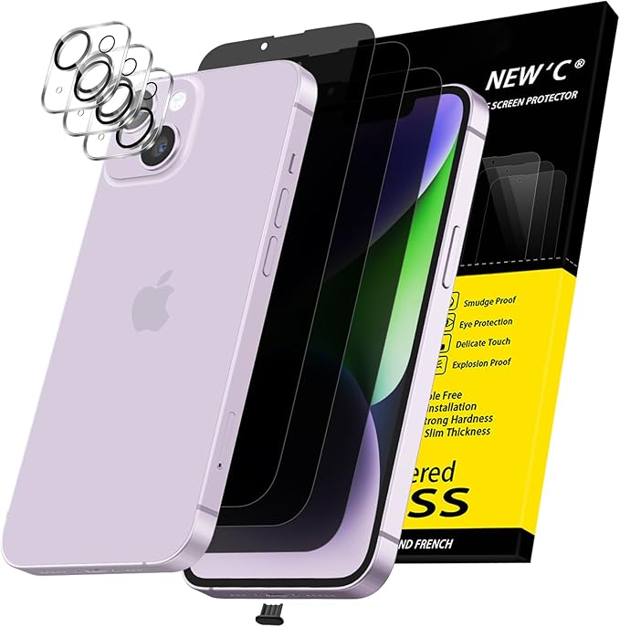 NEW'C 3x Privacy for iPhone 14 Screen Protector+ 3x Camera Lens Protector by NEWC