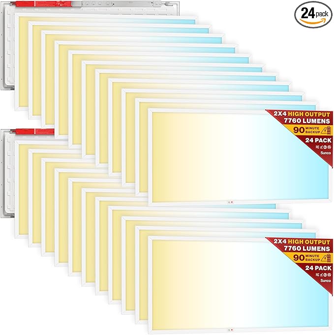 Sunco 24 Pack 2x4 LED Flat Panel Light Drop Ceiling Office Fixture with Emergency Battery Backup, 90 Minute Duration, 7760 LM, Selectable Features, 40/50/60W, 4000/5000/6000K, Dimmable (0-10V) ETL.