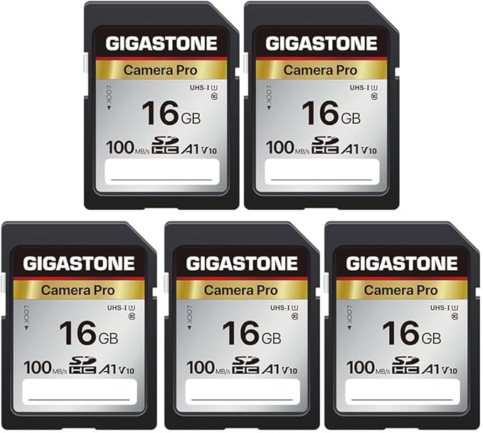 【5-Years Data Recovery】 GIGASTONE 16GB SD Card 5-Pack, Camera Pro, UHS-I A1 V10 by Gigastone
