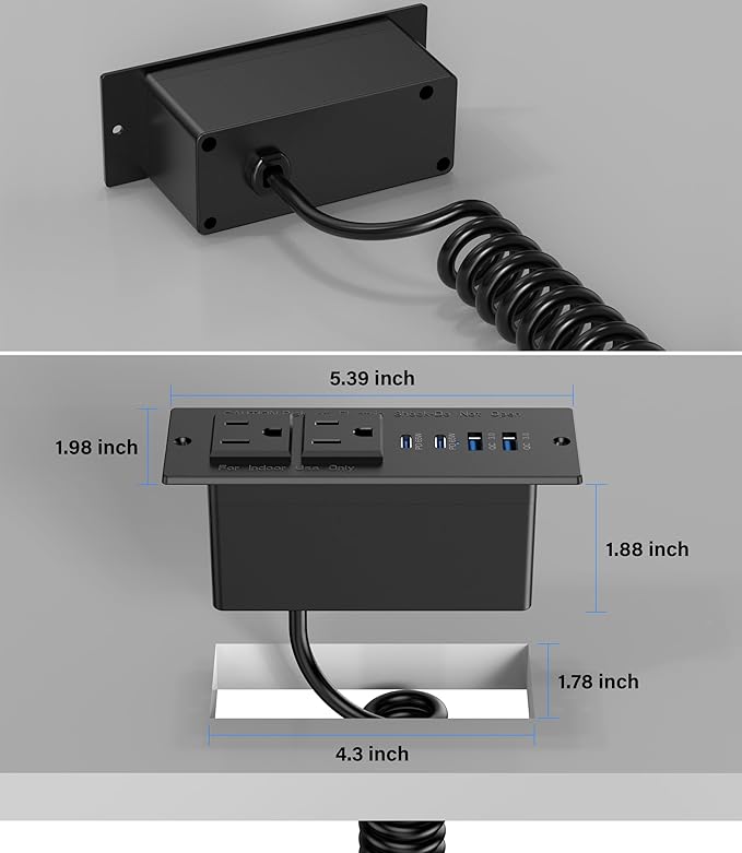 Recessed Power Strip USB C 65W Fast Charging Station,in Drawer Outlet,Furniture Flush Mount for Desktop,Workspace Essential Desk Outlet (Black, 6FT)