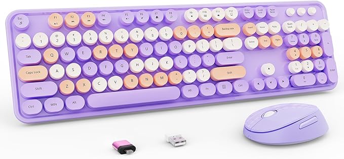 Nowlike Wireless Keyboard and Mouse Combo, Retro Typewriter Keyboard with Round Keycaps, Full-Size Ergonomic, Purple, Ideal for Windows PC, Home, Office, and College