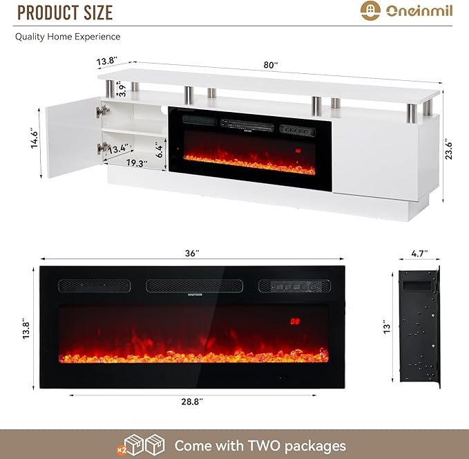 oneinmil Fireplace TV Stand with 36” Electric Fireplace, 80” 2 Tier TV Console Stand for TVs Up to 90"", LED Light Entertainment Center, Fireplace for The Living Room TV Stand, White, H21014WH-80