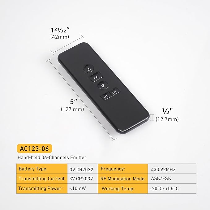 Rollerhouse AC123-06 RF433.92MHz Transmitter, 6 Channel Hand-Held Controller for Electric Blinds, Shades, Curtains, and Awnings - Black
