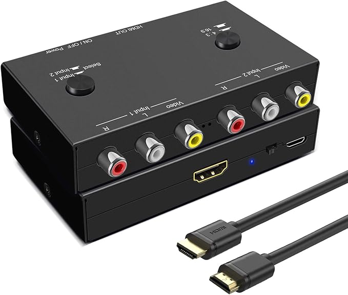 Azduou 2 AV to HDMI, 1080P/720P TV 2 Way RCA Composite CVBS AV Switch to HDMI Video Audio Converter Adapter Support 4:3/16:9 Switching, for Sega Xbox PS2 PS3 N64 NGC SNES WII VHS VCR Camera DVD