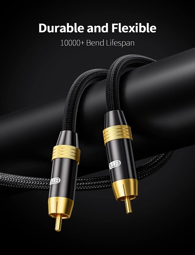 Subwoofer Cable,EMK Digital Coaxial Audio Cable [24K Gold-Plated, Durable Cotton] Premium S/PDIF RCA Male to RCA Male for Home Theater, Soundbar,Speaker,HDTV, Subwoofer, Hi-Fi Systems(Black-16.5ft/5m)