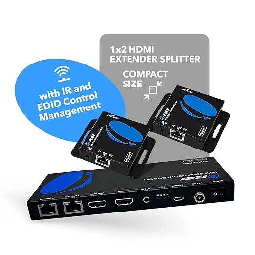 OREI 4K 1x2 HDMI Over ethernet Extender Splitter Over CAT6/7 ethernet Cable 4K@30Hz up to 165 ft - 1 in 2 Out, 1080P@60Hz Upto 230 ft, PoC, IR Control, EDID, HDMI Loop Out (HD12-EX165-K)