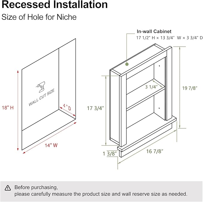 Recessed Medicine Cabinet Inset,Bathroom Wall Niche Insert for Drywall,14x18 Bathroom Medicine Cabinet Shelf Wood Replacement,in Wall Cabinet with Storage for Restaurant/Kitchen,Brown
