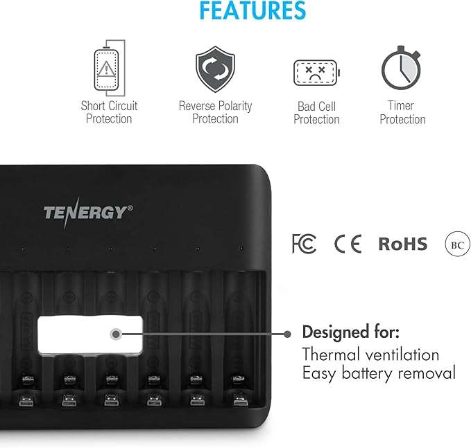 Tenergy TN477U 8-Bay Fast Charger for NiMH/NiCD AA AAA Rechargeable Batteries with 8pcs 1000mah AAA Rechargeable Batteries