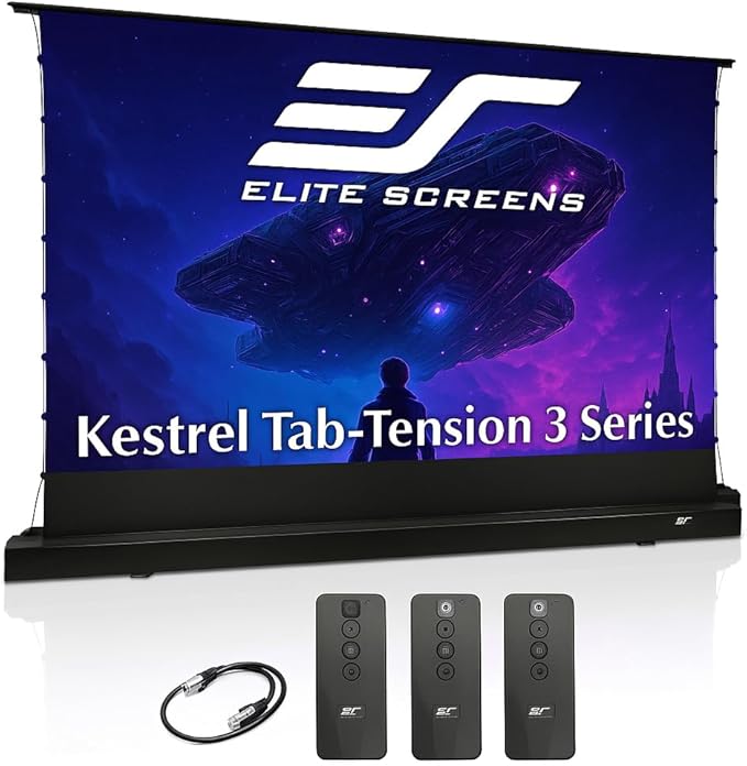 Elite Screens Kestrel Tab-Tension 3 CineWhite, 122 inch 16:9 Aspect Ratio, ISF Certified, Electric Floor-Rising Motorized Tab-Tensioned Front Projector Screen, Programmed Remote Kit, FTE122H3