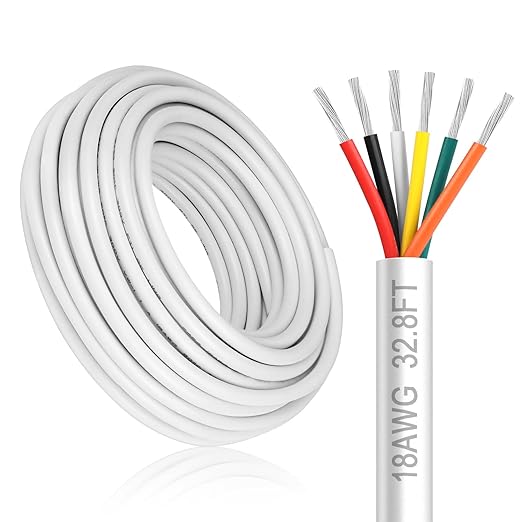 18 Gauge 6 Conductor Electrical Wire, 32.8FT White Stranded Low Voltage 18/6 Cable PVC Case, 18 AWG Tinned Copper 6 Wire Cable Extension Power Cable for Strips LED Lamp Lighting Automotive
