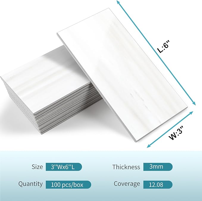 Vamos Tile 4-Piece Glossy Dolomite White Peel and Stick Backsplash Tile,3''x6'' PVC Subway Tile with White Grout, Stick on Backsplash for Kitchen/Bathroom/Fireplace