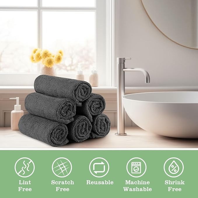 UNIMADE Washcloths - 20 Pack - Face Towels (12" x 12"), Highly Soft Wash Cloths and Hand Towels, Fast Drying Multi-Purpose Microfiber Cleansing Cloths for Bathroom, Hotel, Spa, and Salon - Grey