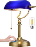 Newrays Blue Glass Bankers Desk Lamp, Stepless Dimmable Table Lamp Plug in Fixture for Study, Home Office, LED Bulb Included