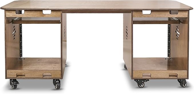 Sound Town DIY Music Studio Rack Desk Workstation with 2 X 13U Side Cabinets, Two Slide-Out Trays, Casters, Plywood, Weathered Brown for Recording Room, Home Studio (SDRK-WS69)