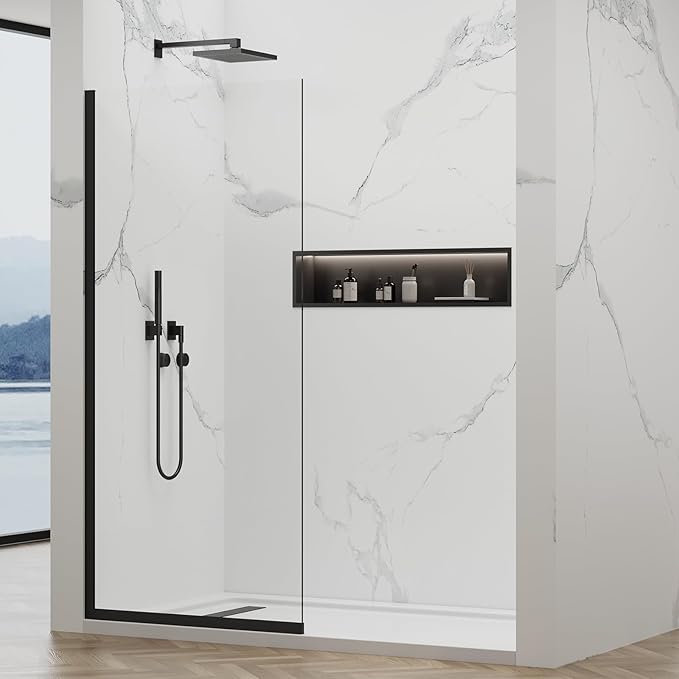 Shower Glass Wall Panel 36" W x 76" H, 3/8" (10mm) Tempered Glass, Half Frameless Fixed Shower Screen, Single Panel with Double-Sided Easy-Clean Coating - Matte Black