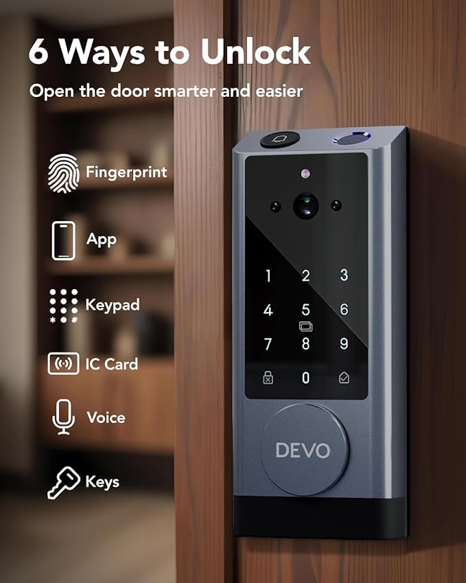 Devo G1 Video Smart Lock with Camera&Doorbell, 6-in-1 Keyless Entry Door Lock Deadbolt with Handle Set, App Remote, Fingerprint ID, Auto Locks, Built-in Wi-Fi Smart Deadbolt for Front Door