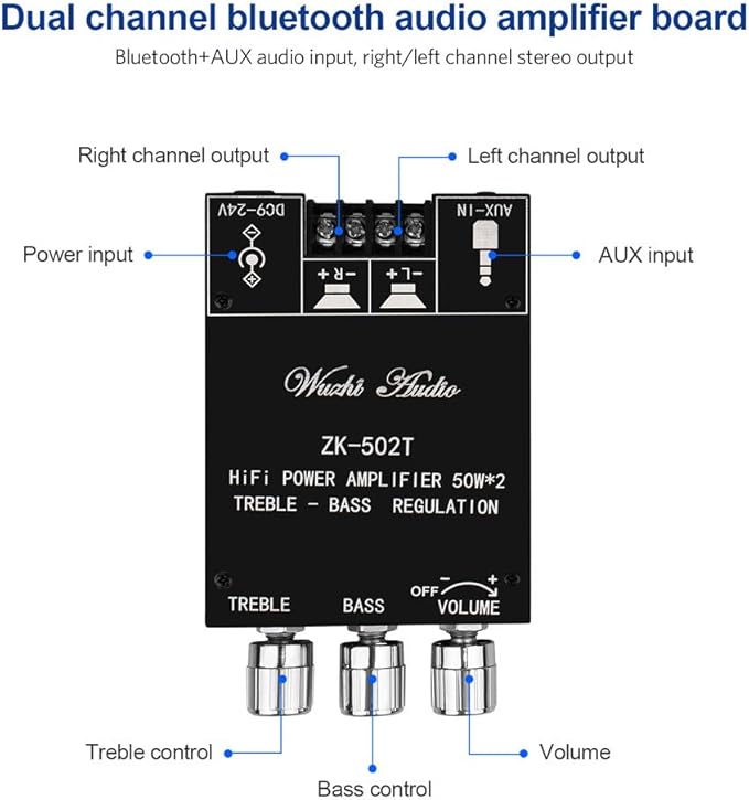 ZK-502T Power Amp Bluetooth 5.0 Audio Amplifiers Board 2.0 Channel 50W+50W AUX BT DC12-24V Mini Stereo Amplifier Module with Treble and Bass for DIY Home Speakers