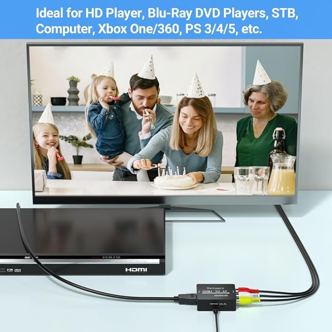 Setuact HDMI to AV Converter, HDMI to RCA Converter, Supports PAL/NTSC for Apple TV, Roku, Fire Stick, Blu-ray, DVD Player, Older TV, Projector, (Single)