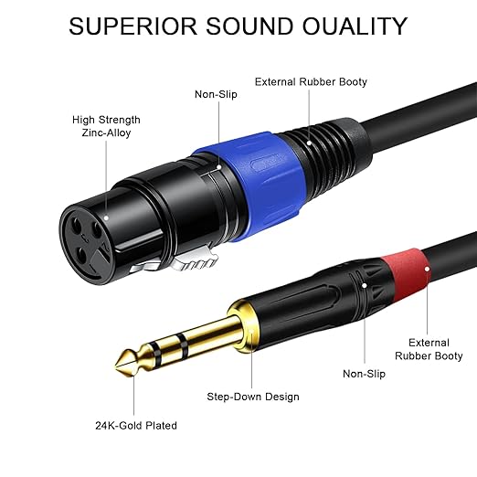 2Pack 6.35mm Dual TRS to XLR Female Cable for Microphone, Mixer, Amplifier, 1.5 FT, Dual 1/4 Male to XLR Audio Cable, Y Splitter Patch Cord, 3-PinXLR to Dual 1/4 TRS Male Converter Adapter Cable