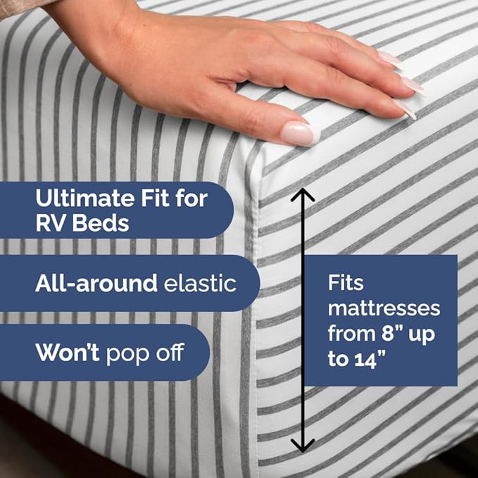 RV Short Queen Sheet Set 60 X 75 - 4 Piece RV Short Queen Bed Sheets - Soft, Breathable & Cooling - Designed for Bunks, Trailers & Campers - Fits 8” to 12" Mattress - Luxury Bedding - Grey Stripes 2