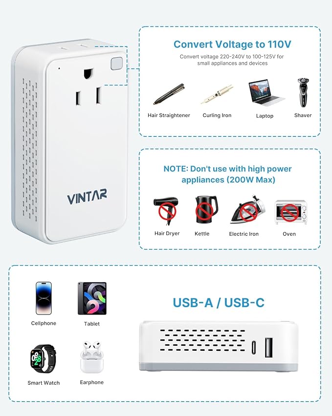 220V to 110V Converter for European Travel, VINTAR 200W Mini Universal Travel Adapter Voltage Converter US to Europe, International Step Down Power Converter Adapter Combo for EU UK AUS India