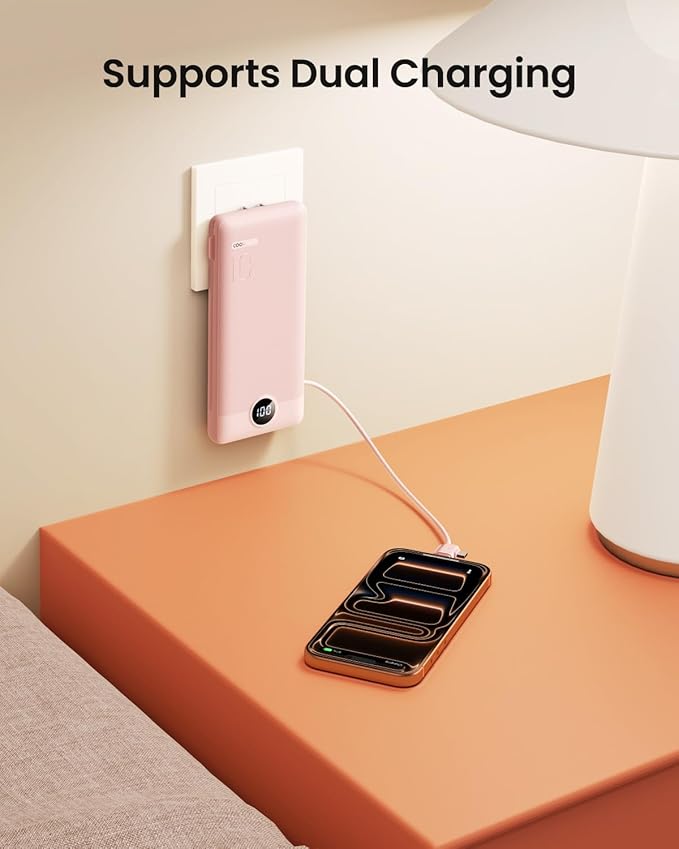 Coowisty Portable Charger Built-in Cables and Wall Plug, 10000mAh Slim USB C Power Bank, LED Display External Battery Pack Compatible with iPhone/Android & More (Pink)