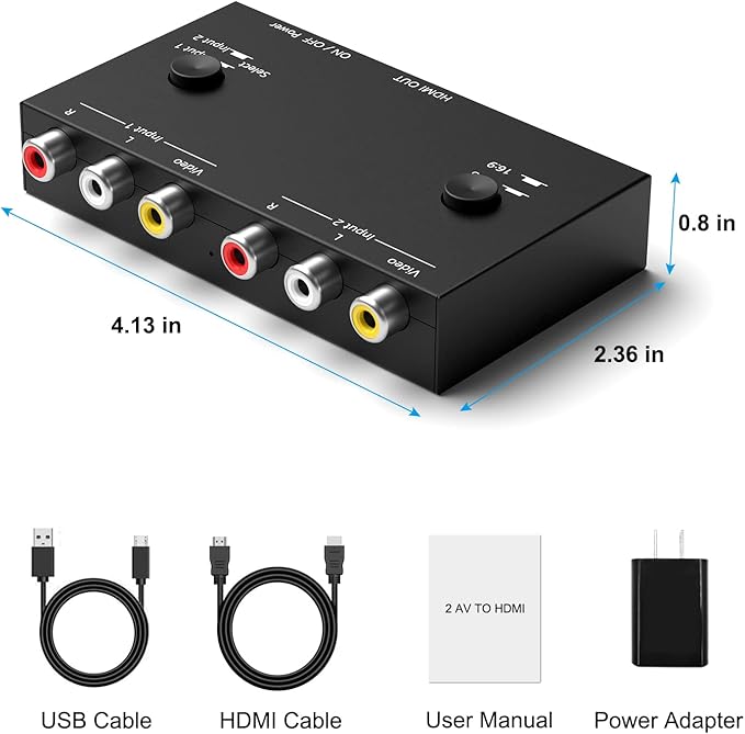 Arector 2 AV to HDMI Converter, 1080P/720P 2 Port RCA Composite CVBS AV Switch to HDMI Converter Adapter Support 4:3/16:9 Switching, for TV PC PS2 PS3 N64 NGC SNES WII VHS VCR Camera DVD-Black