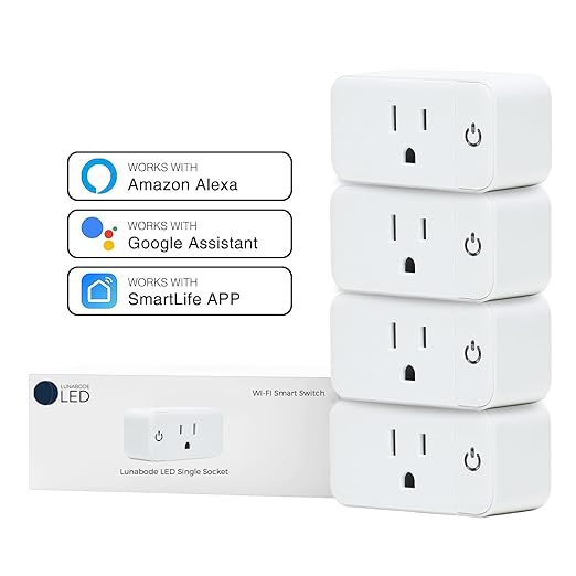 Lunabode LED 4 Pack Smart Home Wi-Fi Plugs - Alexa & Google Home Compatible, White, Toggle Switch, Automatic Operation