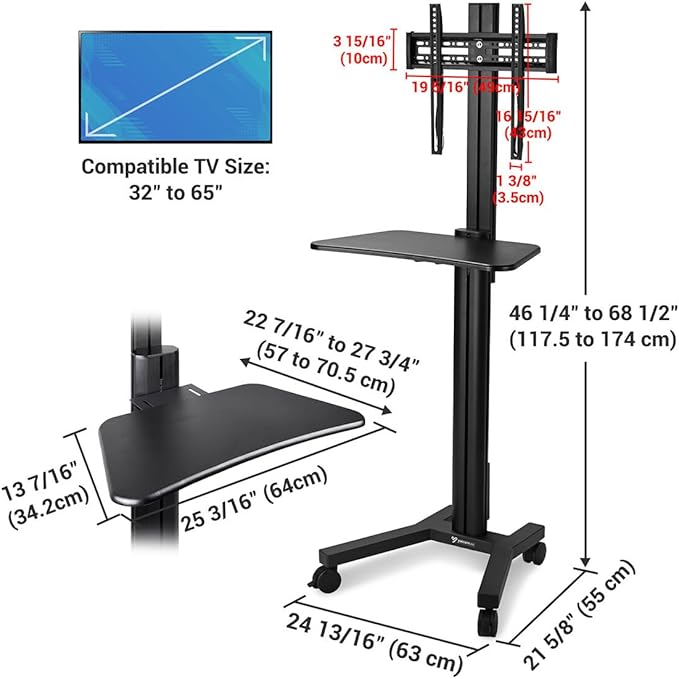 AW Rolling TV Stand Mobile TV Cart Height Adjustable for 32" to 65" LCD LED Screen TVs Office Meeting