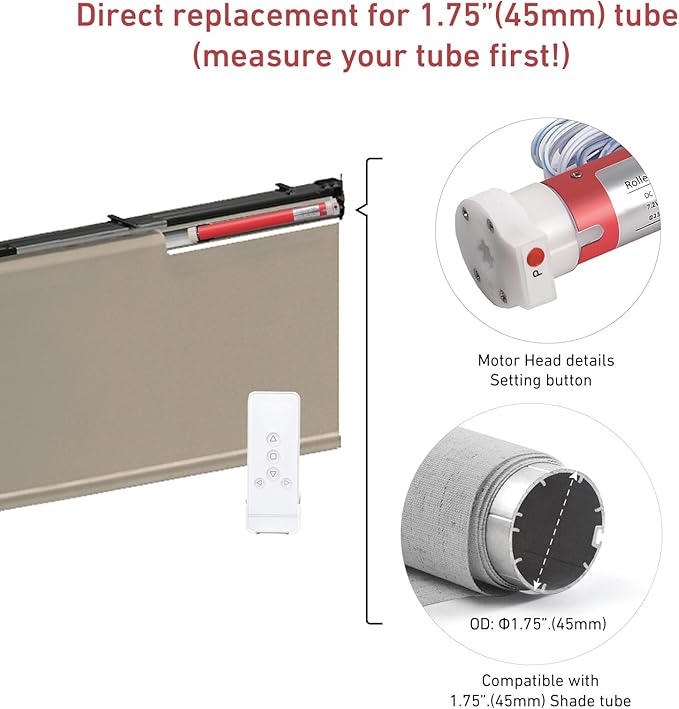 1.75inch (45mm) Blind Motor – 12V Shade Tube Motor with Remote Control – Compatible with 45mm Tubes, Power with DC 12V 2A Power Supply