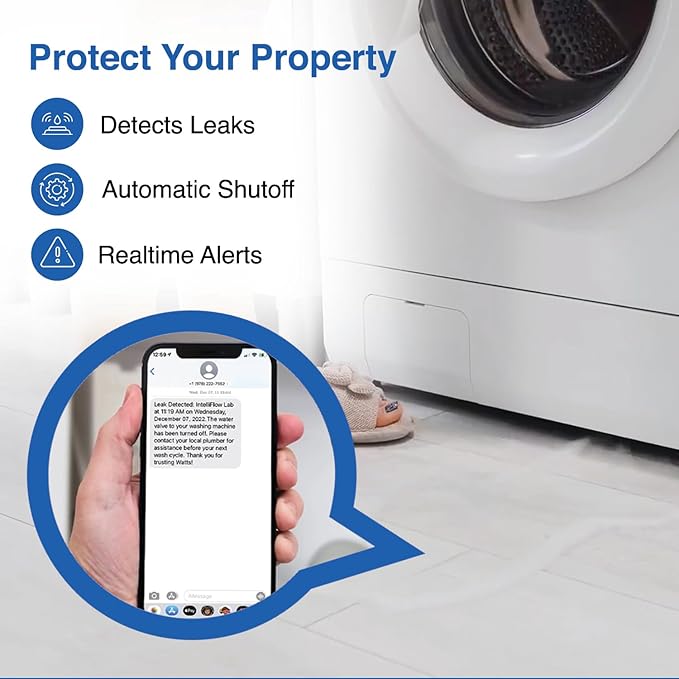 Watts A2C-SC Series Intelliflow 1/2" Washing Machine Smart Water Shutoff Valve with Leak Sensor, Inlet Adapters, Without Wall Box, Automated Flood Detection with Real-Time Text and E-Mail Alerts