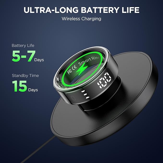 Smart Ring Health Tracker with Display Screen, Sleep Tracker with Heart Rate, Fitness Ring Step Tracker for Activity Monitoring/Steps/Calories,Wireless Charging, for iOS Android (Silver,9#)