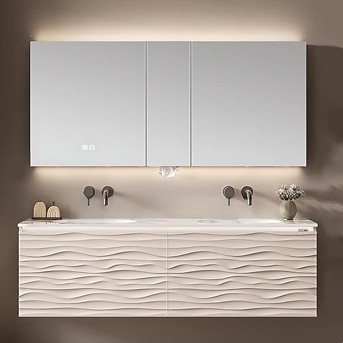 52IN Bathroom Vanity - Smart Defogging Mirror Cabinet | Waterproofing Technology & Wave Shaped Door Panel, Floating Bathroom Vanities with Large Storage Space (Mirror Cabinet)