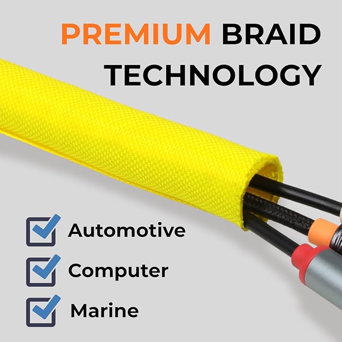HOLED 1 inch Split Braided Cable Management Sleeve for USB Cable Power Cord Audio Video Cable, Wire Loom Cord Protector from Cat Dog Chewing (Yellow, 25FT)