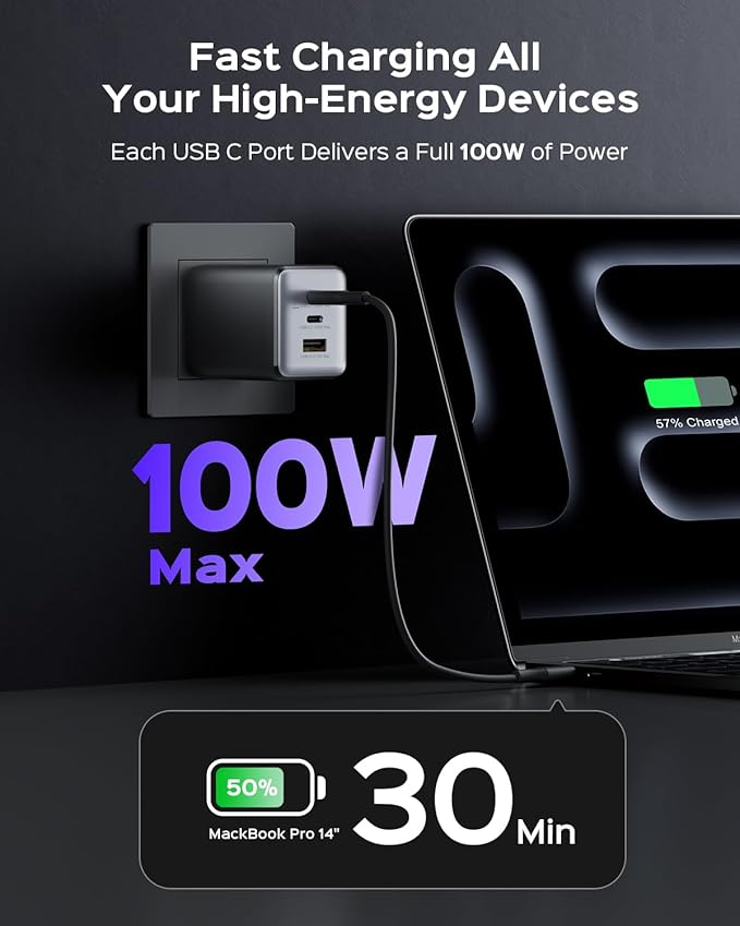 wegear 100W USB C Charger Block, 3-Port Compact Foldable Power Adapter USB Wall Charger for MacBook Pro/Air, Dell XPS, iPad Pro, iPhone Series, Galaxy S25/S24, and More (Black)