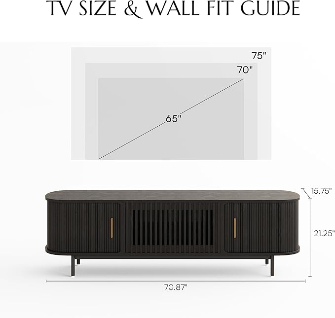 POVISON Fully-Assembled Mid Century Modern TV Stand for 65 inch TV, Sliding Door Entertainment Center with Storage, Wood TV Console, Media Console for Living Room Bedroom(Black, 70.87")