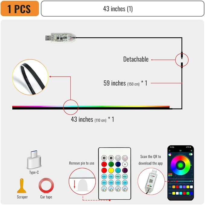 Ambient Lighting Car Led Lights Interior,43.3’’ USB Powered Acrylic Neon Flexible Strip Fiber Optic LED Ambient Lighting Kits with Remote APP, RGB Music Lights Sync for Inside car Decorations
