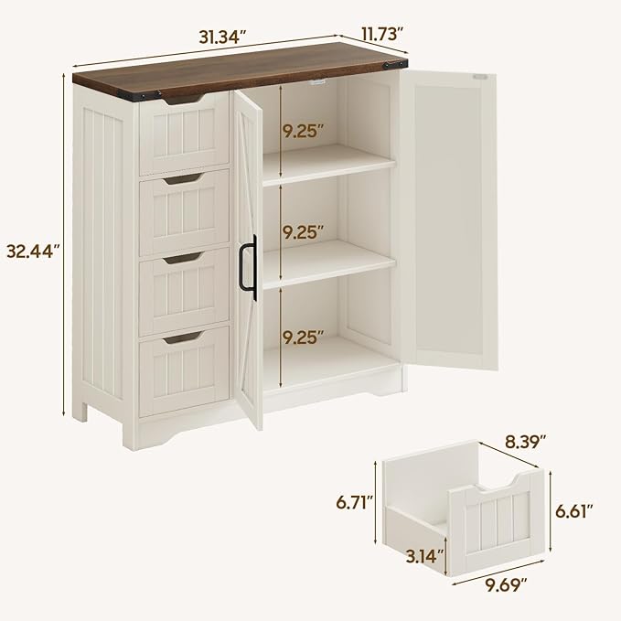 Vabches Farmhouse Bathroom Cabinet, Freestanding Storage Cabinet with 4 Drawers and 2 Doors, Rustic Storage Organizer with Adjustable Shelf for Bathroom, Living Room, Entryway, White