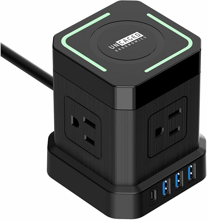 Uncaged Ergonomics Wireless Charger Cube Power Strip with USB Ports & Surge Protection, 10ft Extension Cord, 4 AC Plugs, 3 USB Ports (1C), Fast Charging, On/Off Switch, Nightstand Charger Station