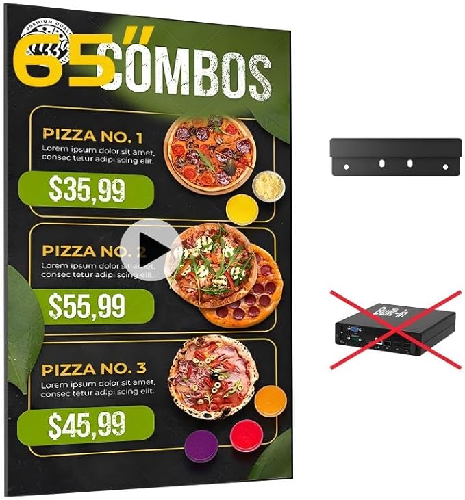 Canlarriz Digital Signage Display 65 inch Wall Mount Digital Menu Board for Restaurants and Stores Advertising Screen 700 nits Ultra-High Brightness 4K UHD Free Web Content Editor Android 4GB + 32GB