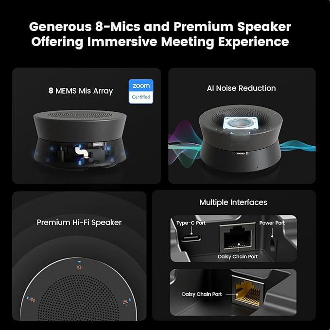 Nearity A21S Zoom Certified Conference Speaker and Microphone, Speakerphone w/8 Mics, 16ft Voice Pickup, AI 2.0 Noise Cancelling, USB Speakermic with Daisy Chain, Works with Microsoft/Teams/Google Mee