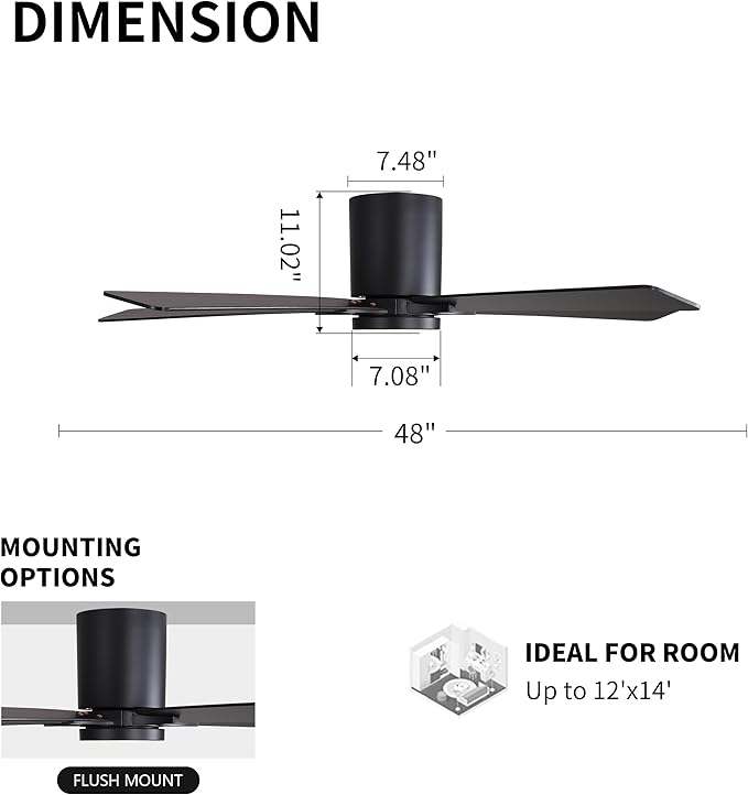 WINGBO 48" DC Flush Mount Ceiling Fan with Lights, 6-Speed Reversible DC Motor, 3CCT, Low Profile Hugger Ceiling Fan for Living Room Bedroom Kitchen, Black Finish and Black/Walnut Blades