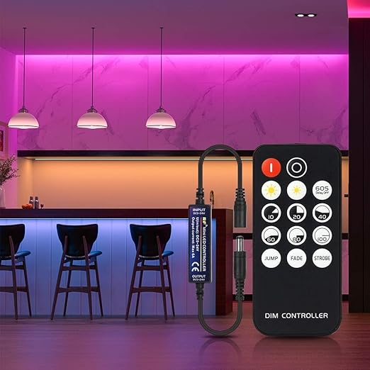 BTF-LIGHTING Mini RF Dimmer Controller 14 Keys for FCOB 3014 5630 5730 3528 Strip Lights DC5V/DC12V/DC24V Brightness Mode Effect Mode Wireless LED Dimmer Controller(Single Color)