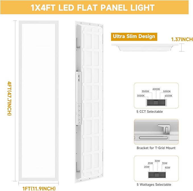 6 Pack 1x4 LED Flat Panel Light Drop Ceiling Office Fixture,Surface Mount Drop Ceiling Fixture,5040LM, 20W/25W/30W/35W/40W Selectable,3000K/3500K/4000K/5000K/6500K 5CCT,Dimmable (0-10V),ETL Listed