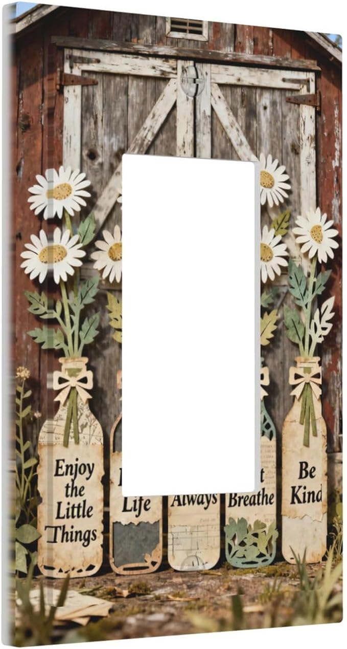 Bvtewkhz Rustic Daisy Barn Door Flowers 1 Gang Single Rocker Decorative Light Switch Covers Electrical Faceplate Switch Plates for Bathroom Kitchen Home