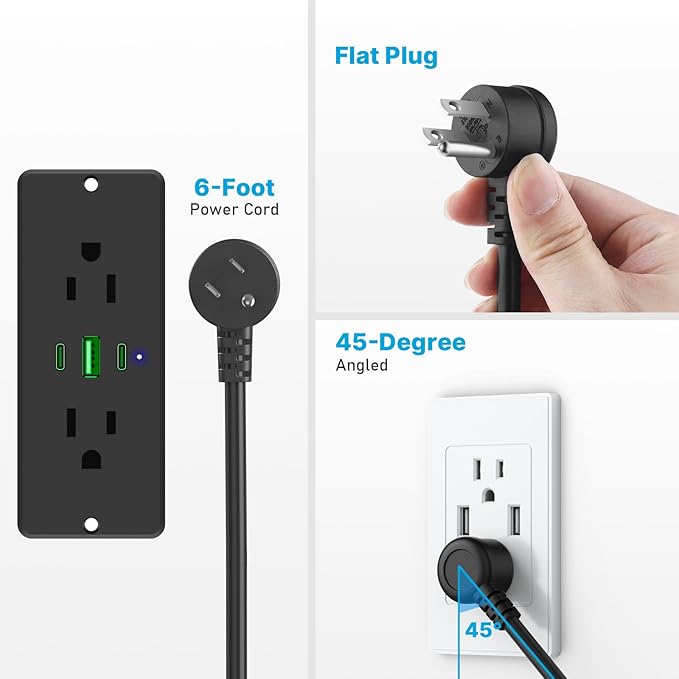 CCCEI Recessed Power Strip with Outlet and 45W USB C Ports, Furniture Flush Mount Power Strip, Small Desk Hidden Outlet for Conference Table, Nightstand, Black, 6FT.