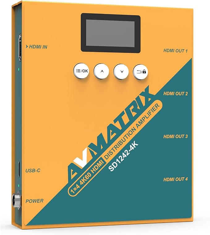 AVMATRIX SD1242-4K 1 in 4 Out Distribution HDMI Signal Splitter Converter with 4xHDMI Output,1xHDMI Input,Support Signals up to up to 4K 60hz